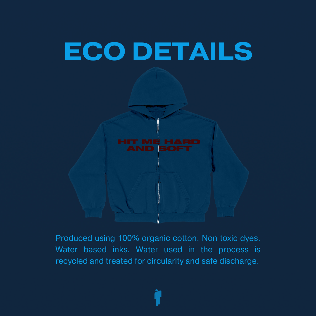 Blue & Red Zip Hoodie Eco Details