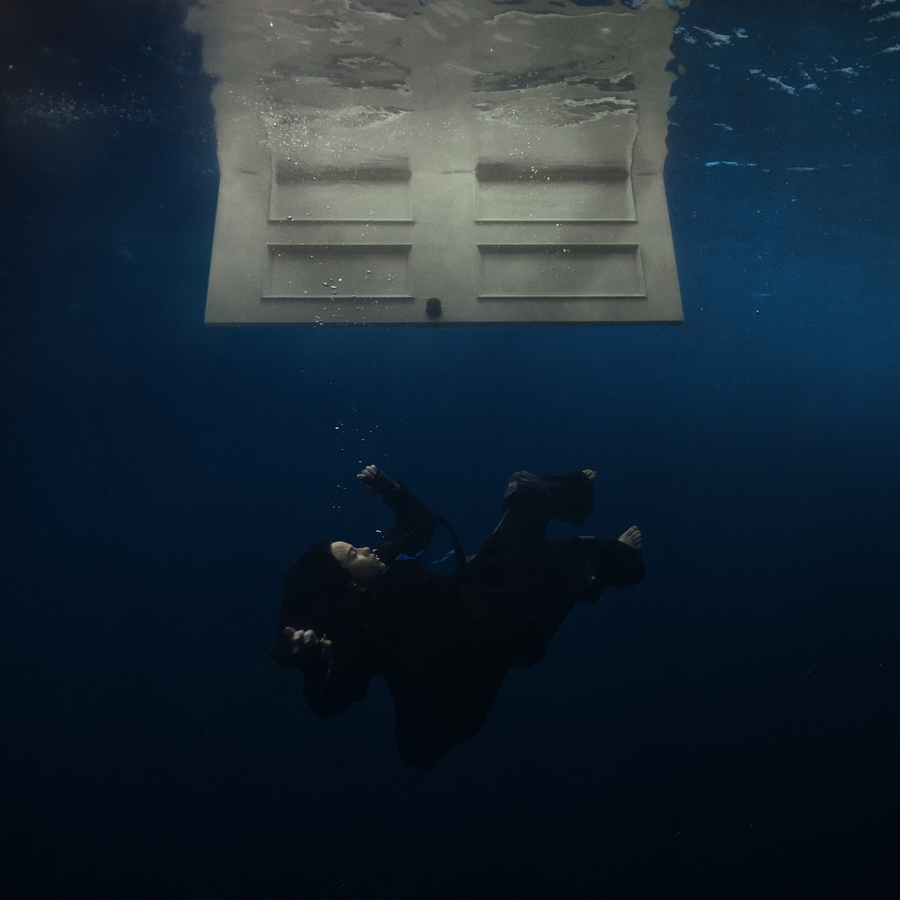 Person underwater with a door above in an underwater setting Billie Eilish Hit me hard and soft album cover