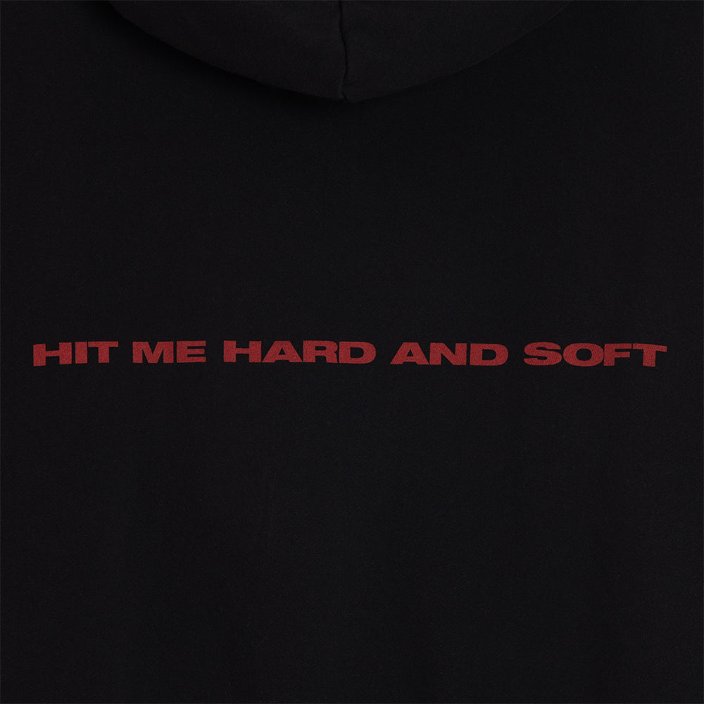 HIT ME HARD AND SOFT Black Cover Pullover Hoodie back detail